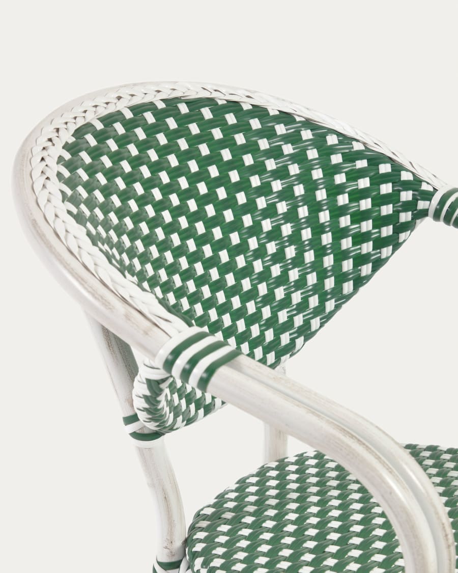Marilyn stackable outdoor bistro chair with arms in aluminium and synthetic rattan, green & white