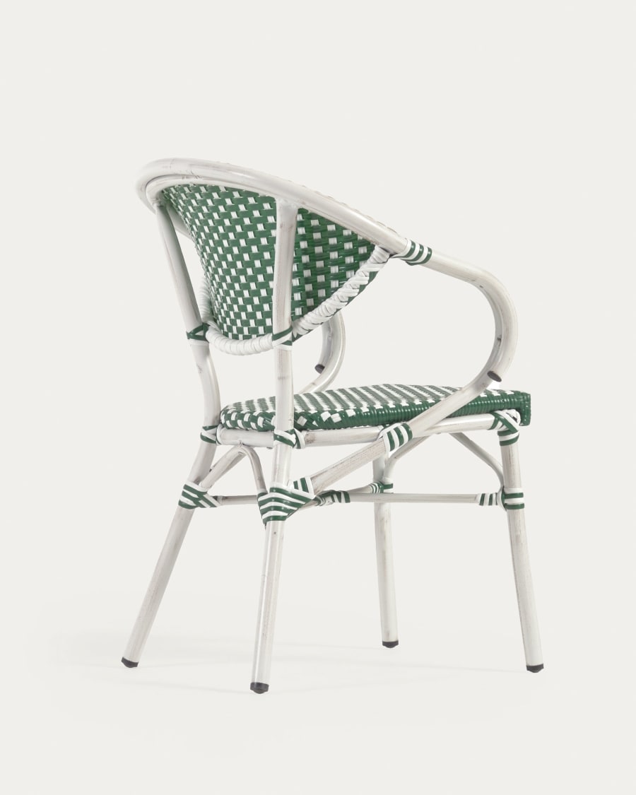 Marilyn stackable outdoor bistro chair with arms in aluminium and synthetic rattan, green & white