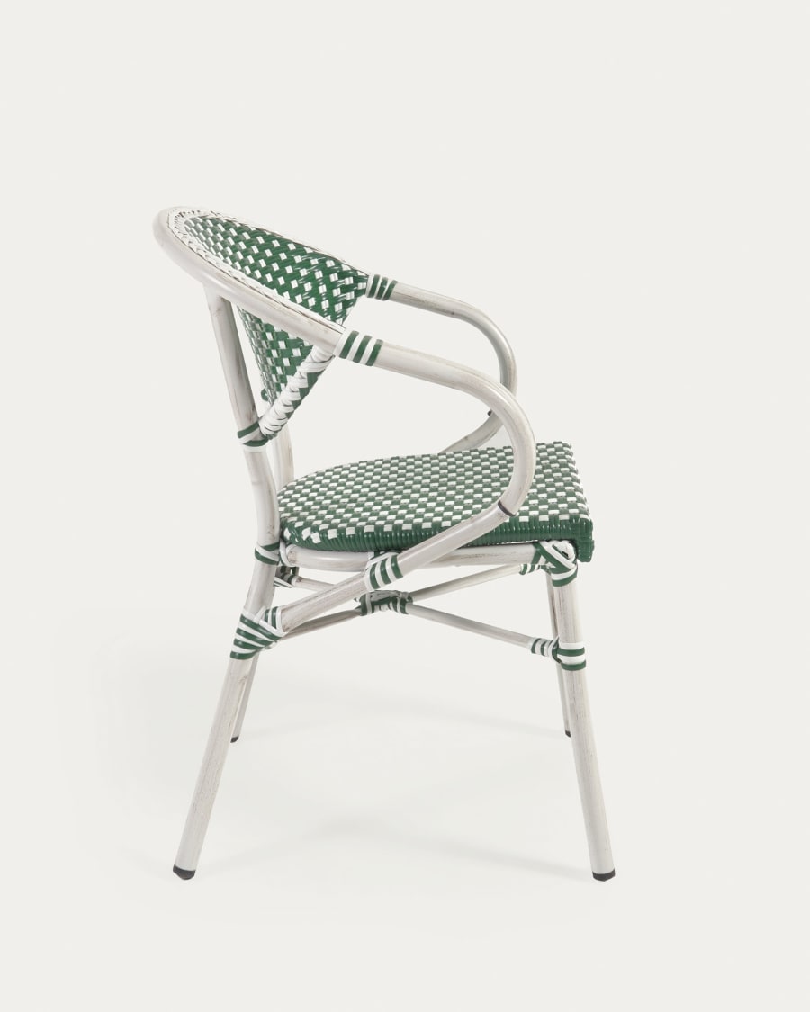 Marilyn stackable outdoor bistro chair with arms in aluminium and synthetic rattan, green & white