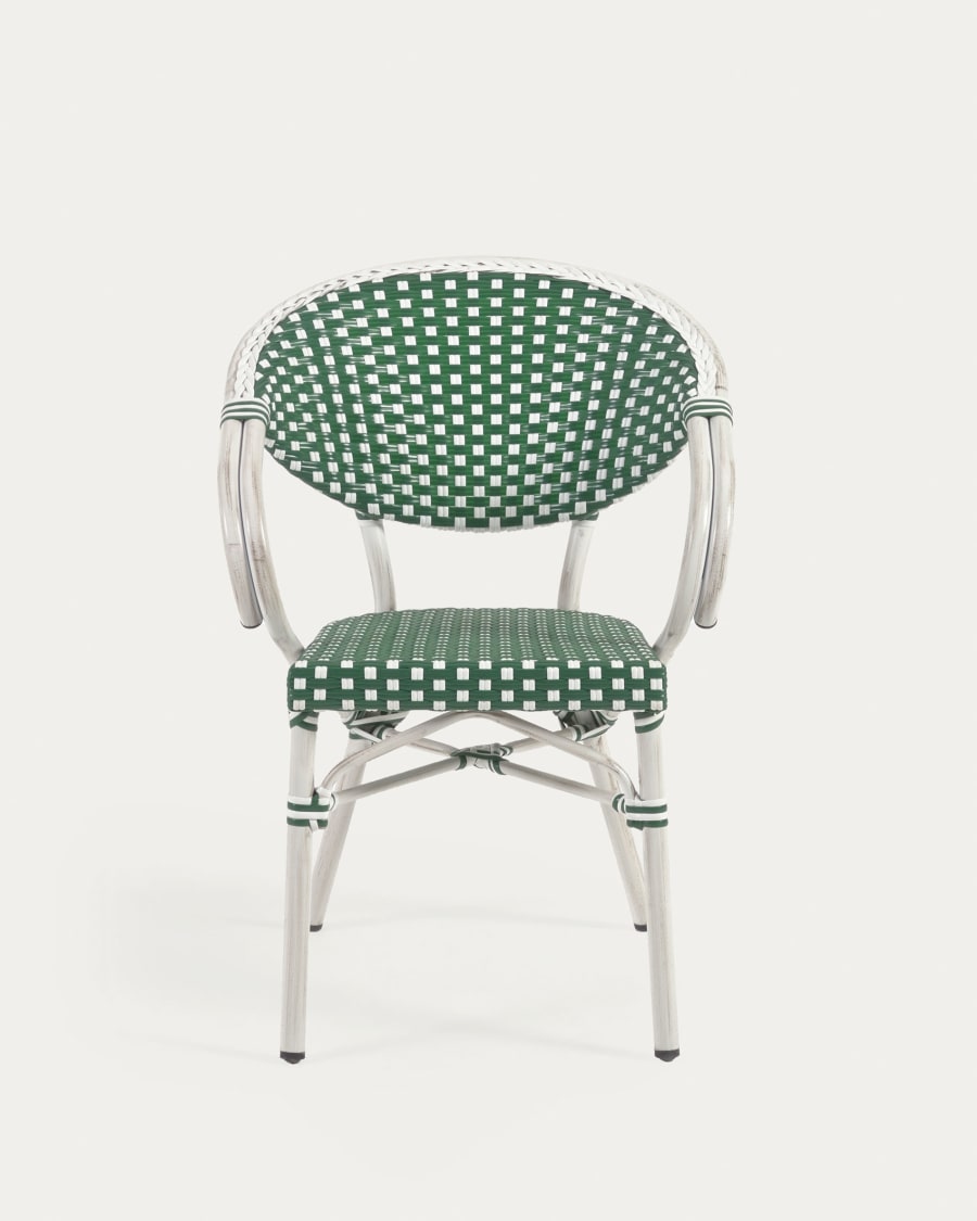 Marilyn stackable outdoor bistro chair with arms in aluminium and synthetic rattan, green & white