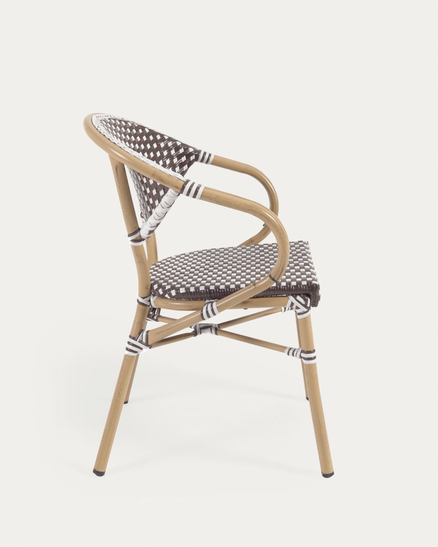 Marilyn stackable outdoor bistro chair w/ armrests in aluminium and synthetic rattan in brown & white