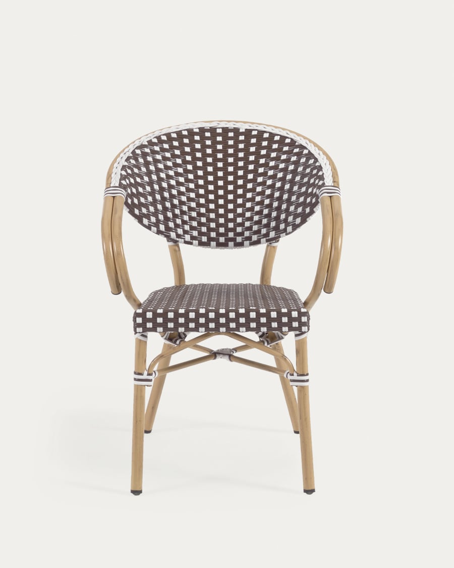 Marilyn stackable outdoor bistro chair w/ armrests in aluminium and synthetic rattan in brown & white