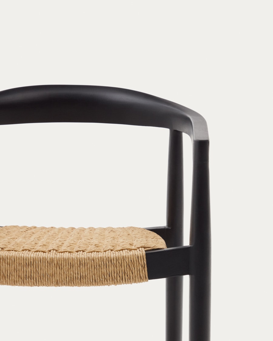 Ydalia stackable outdoor chair in solid teak wood with black finish and synthetic rattan rope