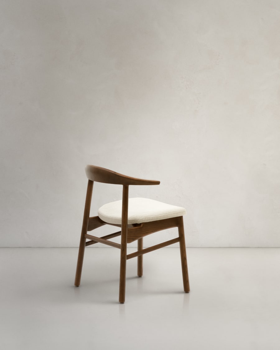 Timons chair removable cover in beige chenille solid oak wood walnut finish FSC Mix Credit