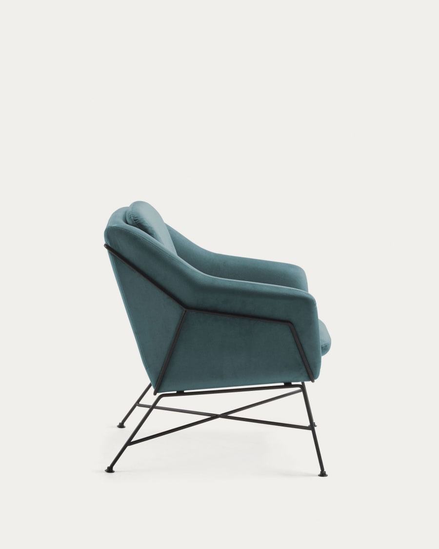 Brida velvet armchair in turquoise with steel structure in black finish.