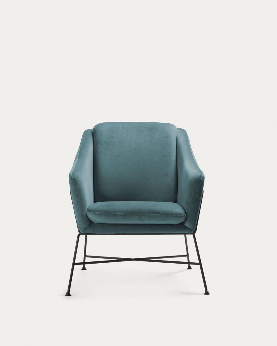 Brida velvet armchair in turquoise with steel structure in black finish.