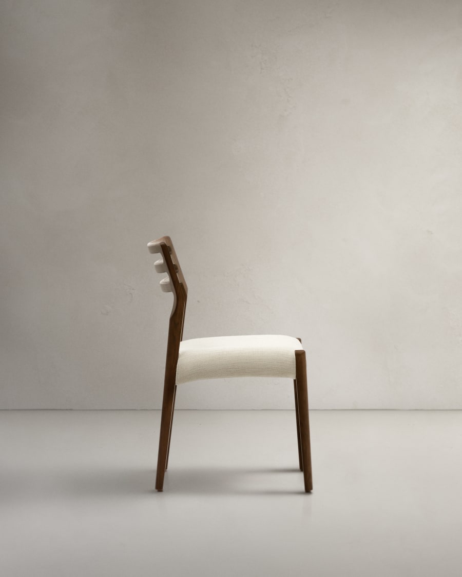 Cudia chair removable cover in beige chenille solid oak wood walnut finish FSC Mix Credit