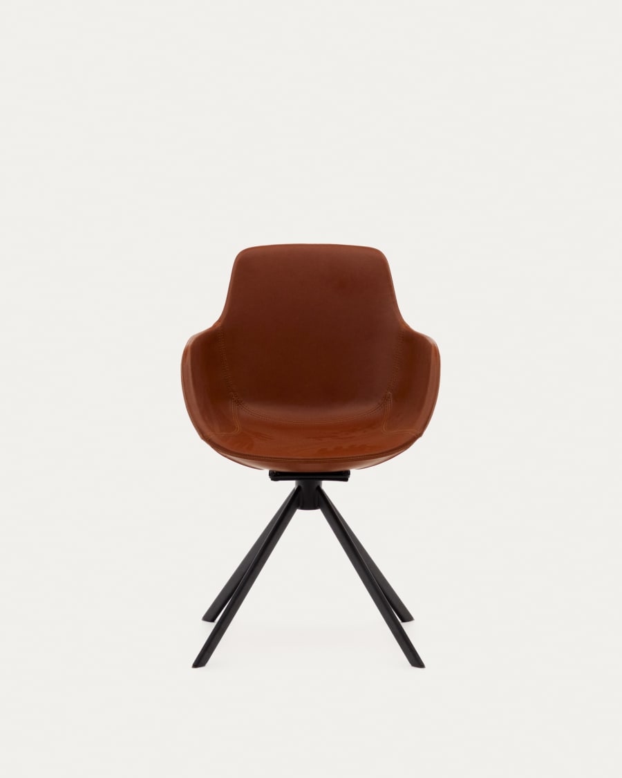 Tissiana self-centring swivel chair in synthetic brown leather and matte black aluminium