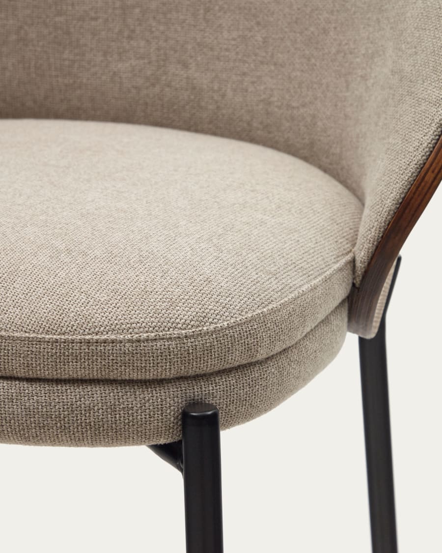 Eamy stool light brown chenille and ash wood veneer with a wenge finish and black metal, 77 cm