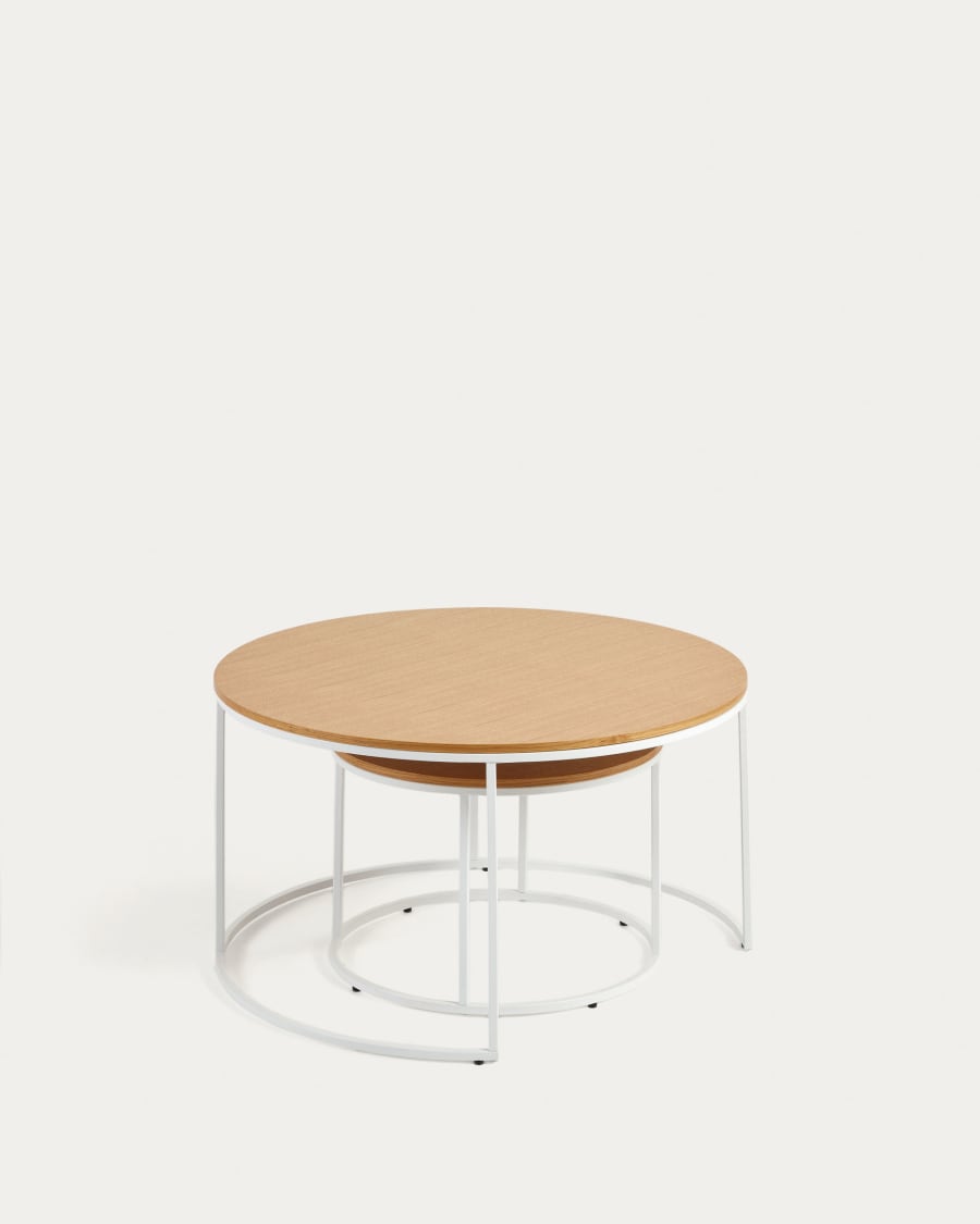 Yoana set of 2 nesting side tables, with oak wood veneer & white metal, Ø 80 cm / Ø 50 cm