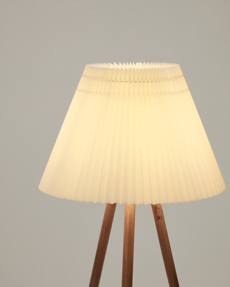 Benicarlo floor lamp in solid rubber wood with a natural, beige finish, UK