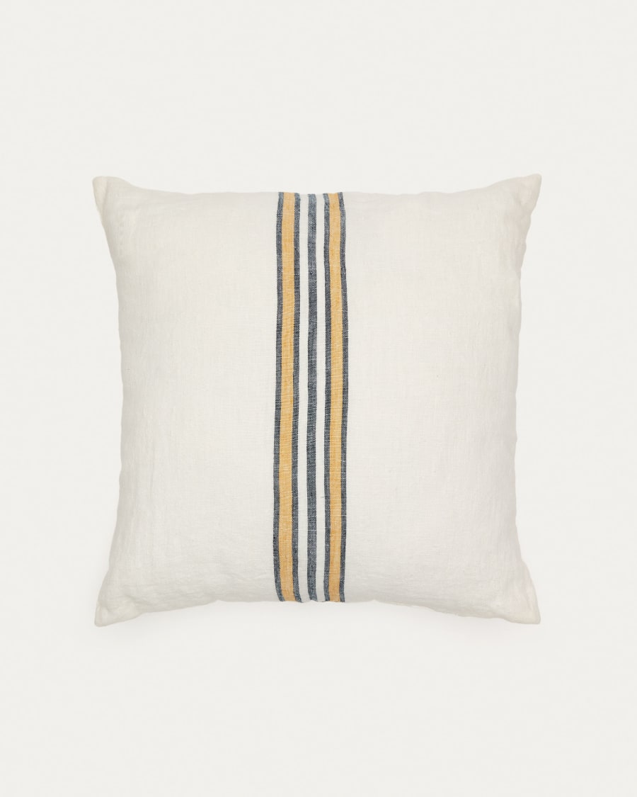 Vallcanera cushion cover, beige linen and cotton with mustard and blue stripes, 45 x 45 cm