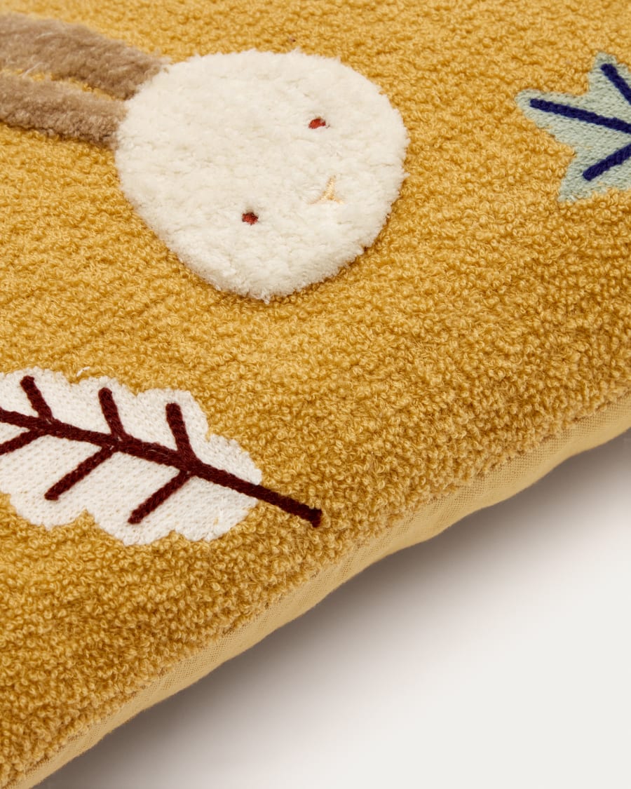 Yanil cushion cover in mustard bouclé with multicolour embroidered leaves, 30 x 50 cm