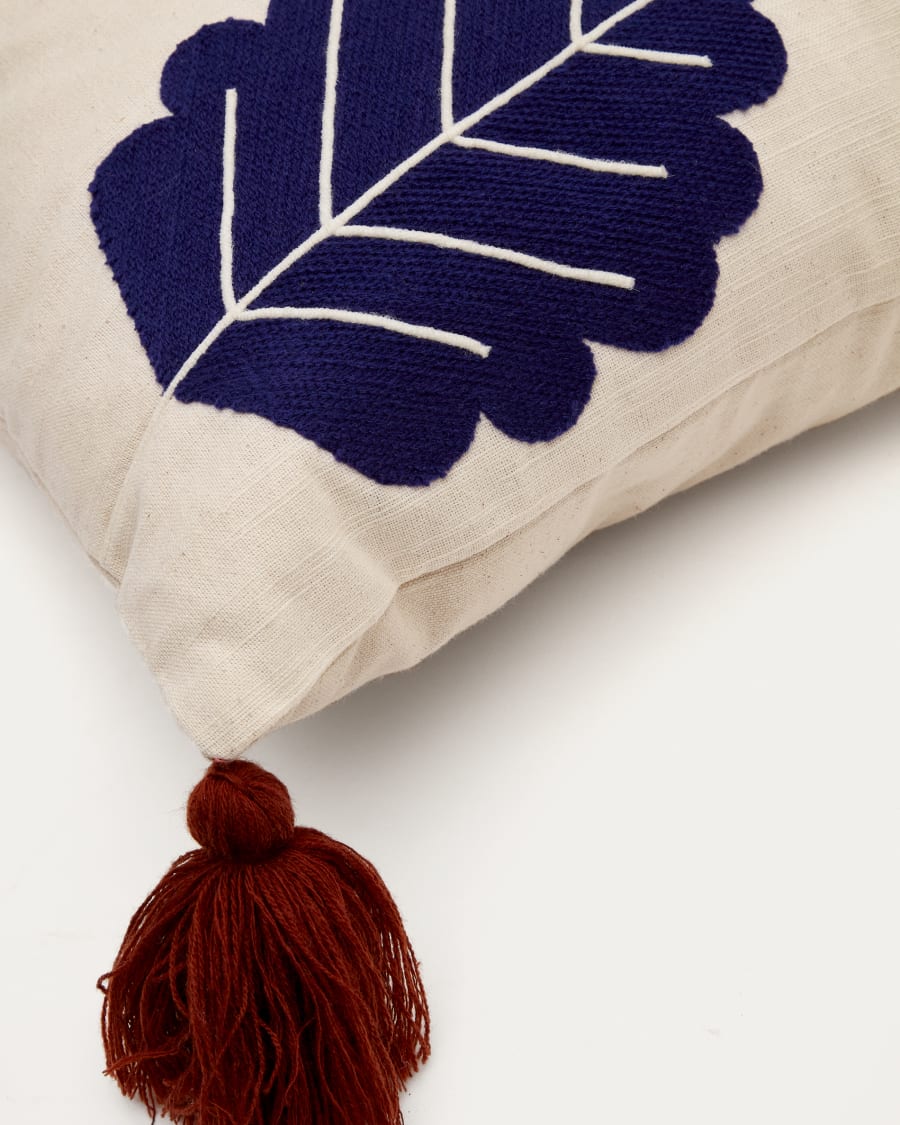 Zelda white cushion cover with multicolour embroidered leaves and terracotta tassels, 45 x 45 cm