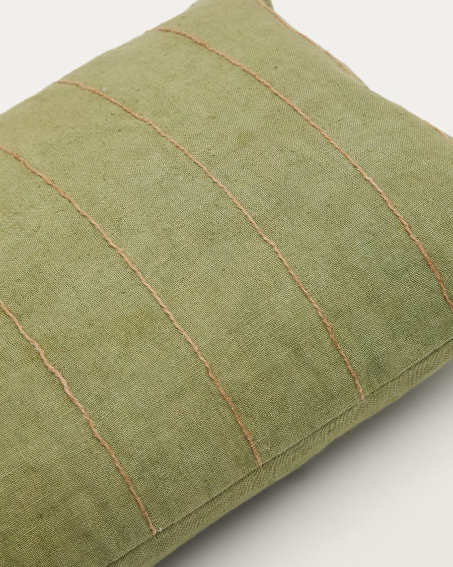 Sayema cushion cover in green linen cotton and natural jute embroidery feature, 30 x 50 cm