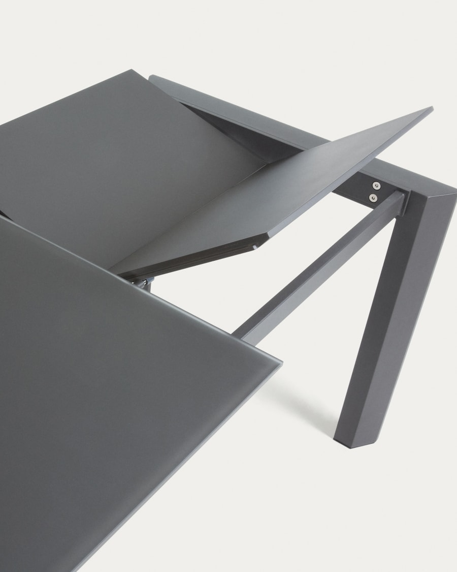 Axis Ausziehtisch aus Glas grau und Stahlbeine mit Finish in Dunkelgrau 140 (200) cm