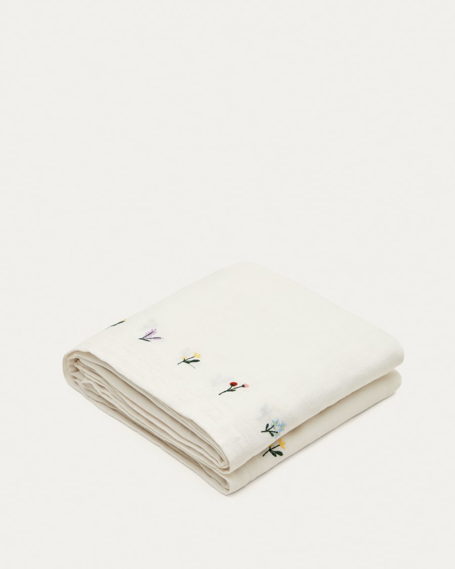 Sadurni 100% white linen with floral embroidery, 170 x 250 cm