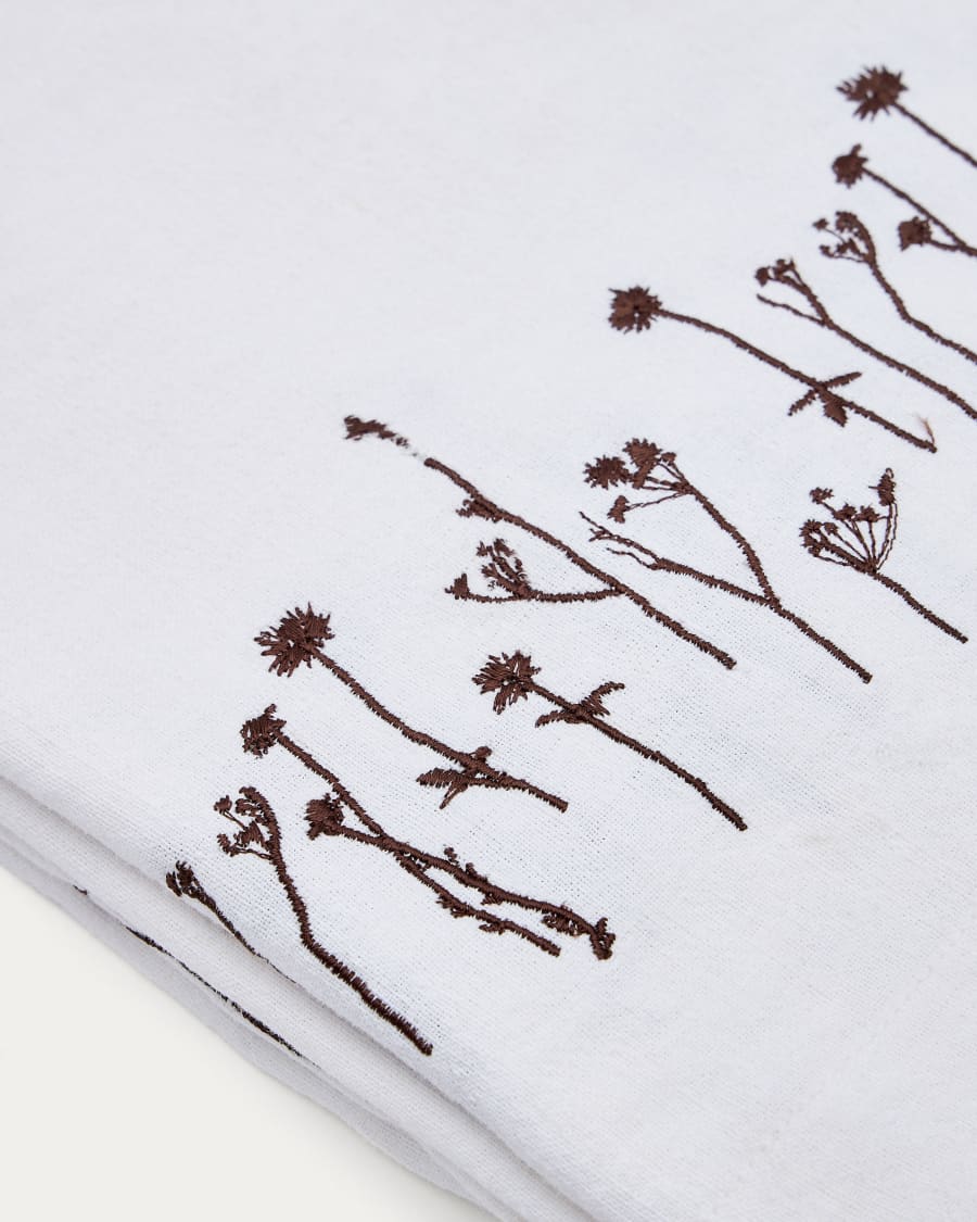 Nappe Mada en lin et coton blanc avec broderie de fleurs brune 150 x 250 cm