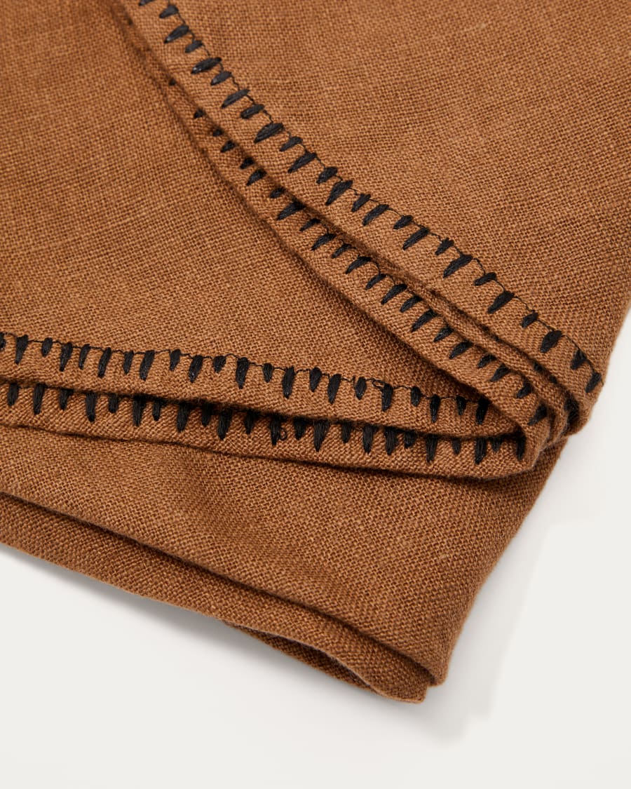 Llosar brown embroidered round tablecloth 100% linen Ø 150 cm
