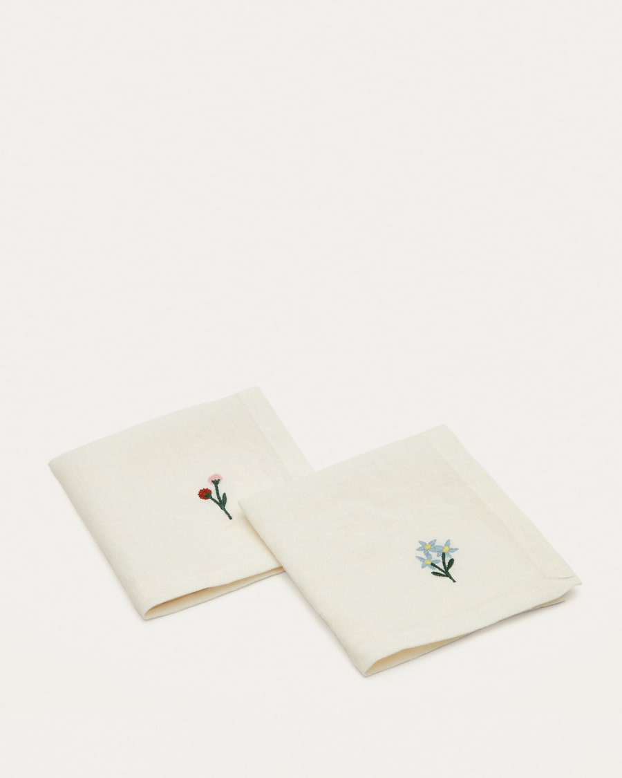 Sadurni 100% white linen with and blue embroidered flowers, 170 x 250 cm