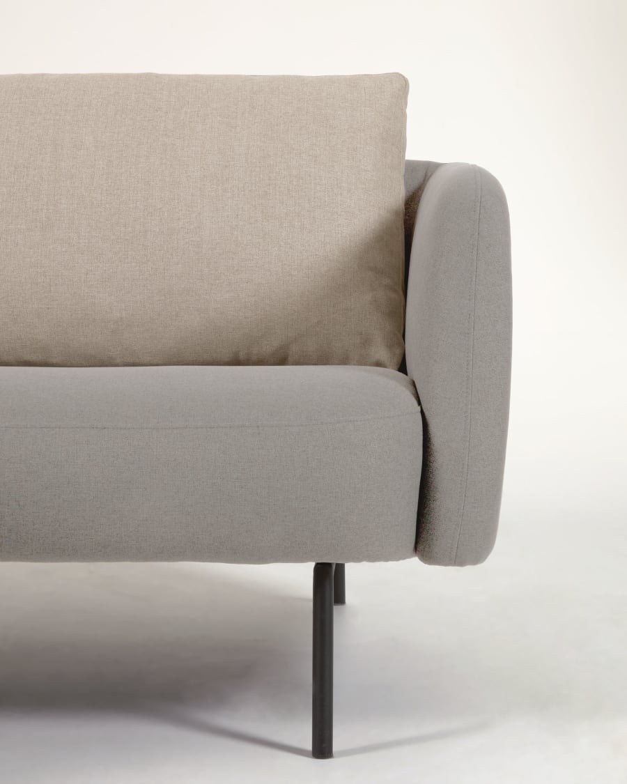 Walkyria 3 seater sofa in grey with beige cushions and black finish metal legs, 195 cm