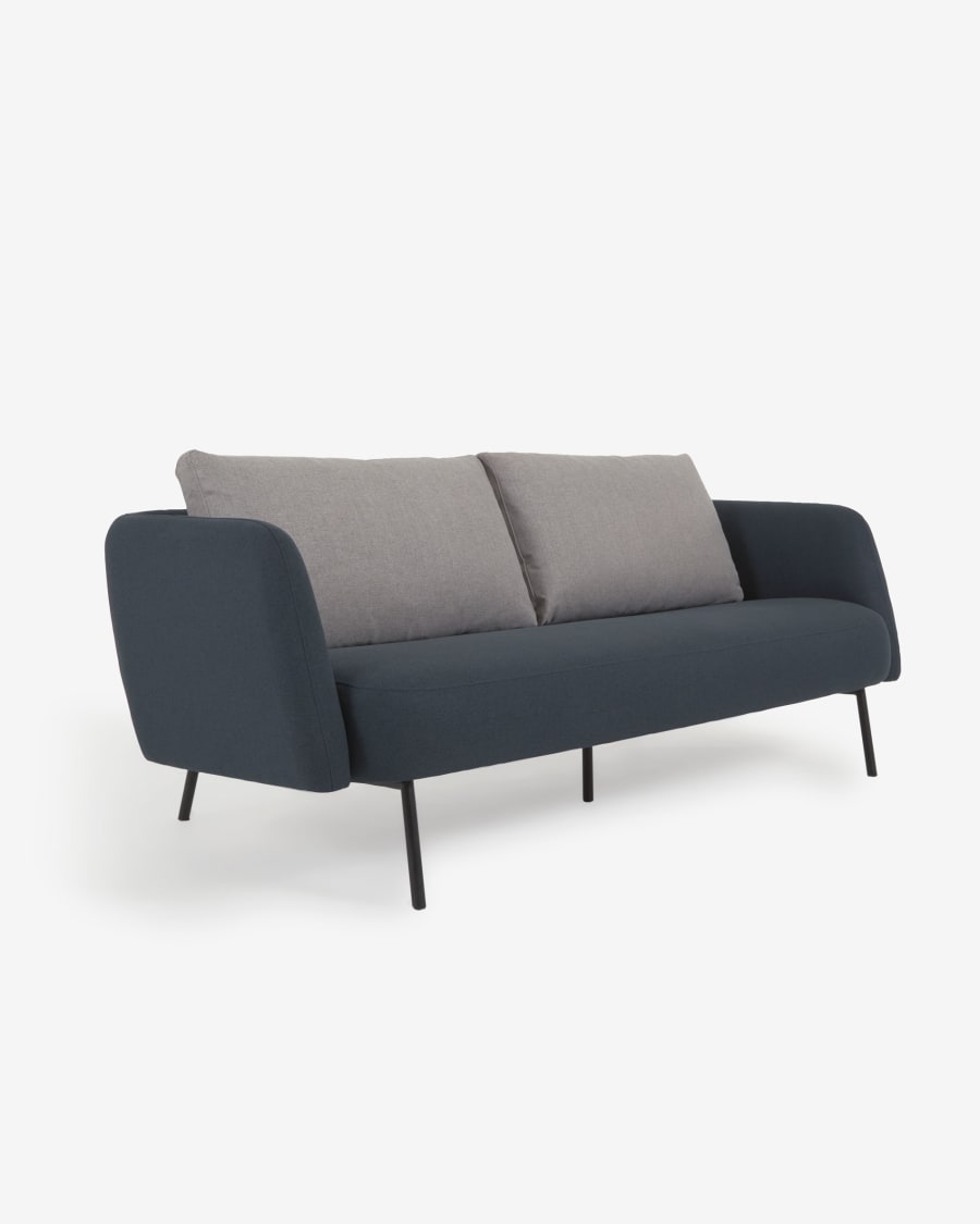 Walkyria 3 seater sofa in blue with grey cushions and black finish metal legs, 195 cm