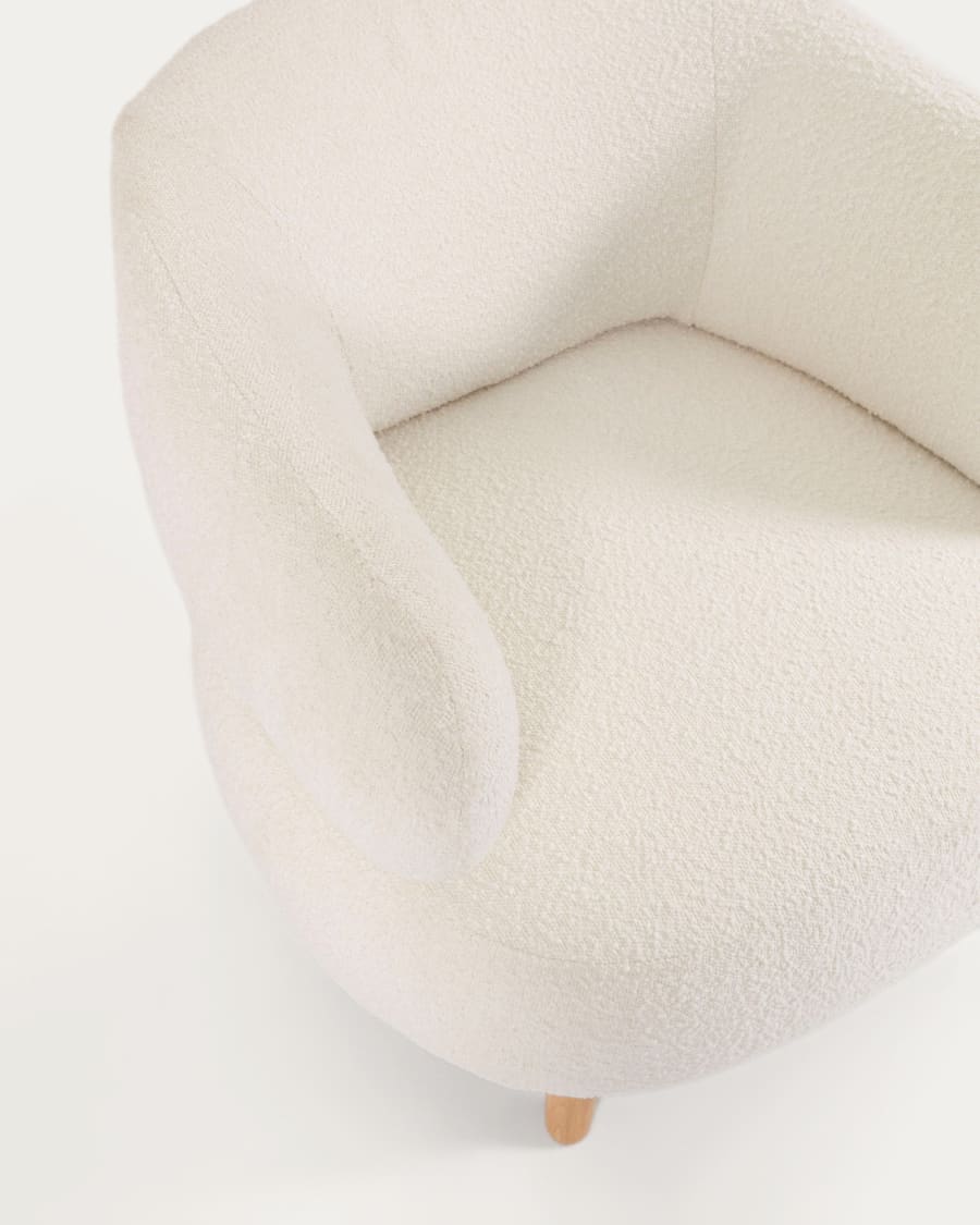 Luisa white bouclé armchair with solid rubber wood legs.