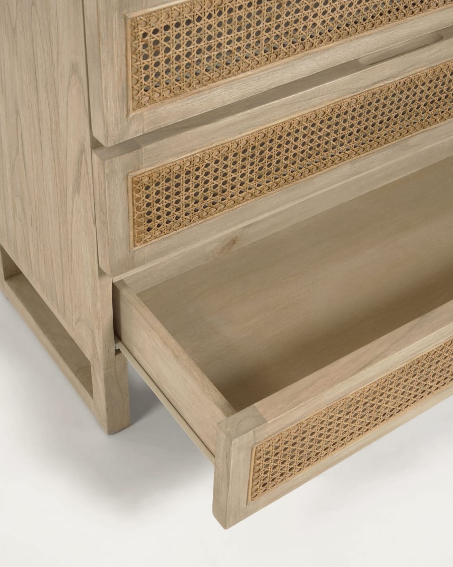 Rexit solid mindi wood and veneer chest of 4 drawers with rattan 90 x 93 cm