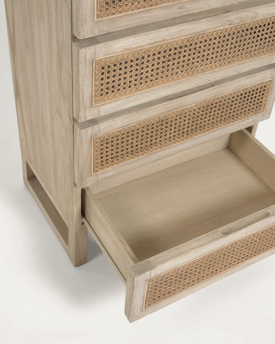 Rexit solid mindi wood and veneer chest of 5 drawers with rattan 60 x 113 cm