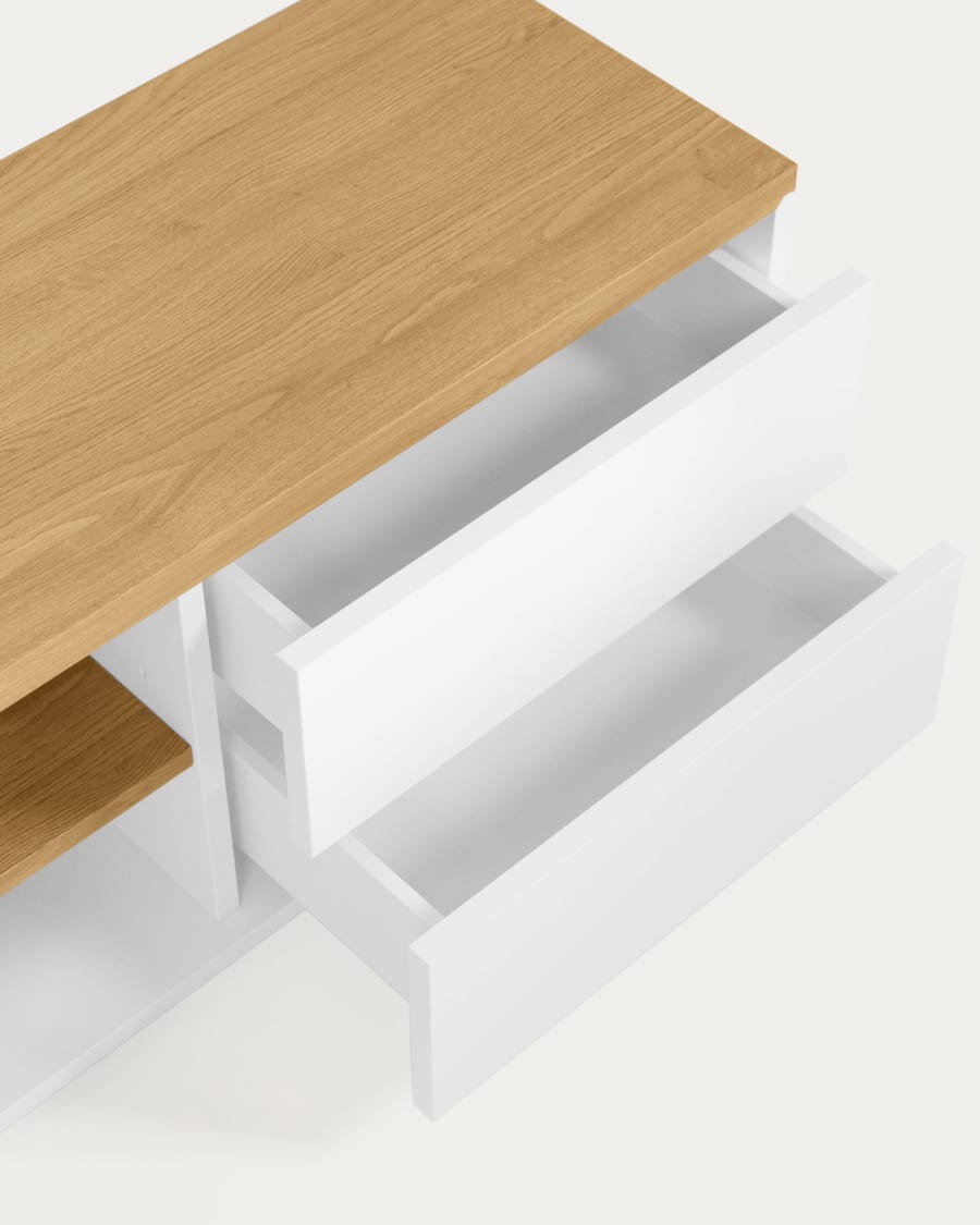 Abilen oak wood veneer TV stand with 1 door & 2 drawers in white lacquer, 150 x 44 cm FSC 100%