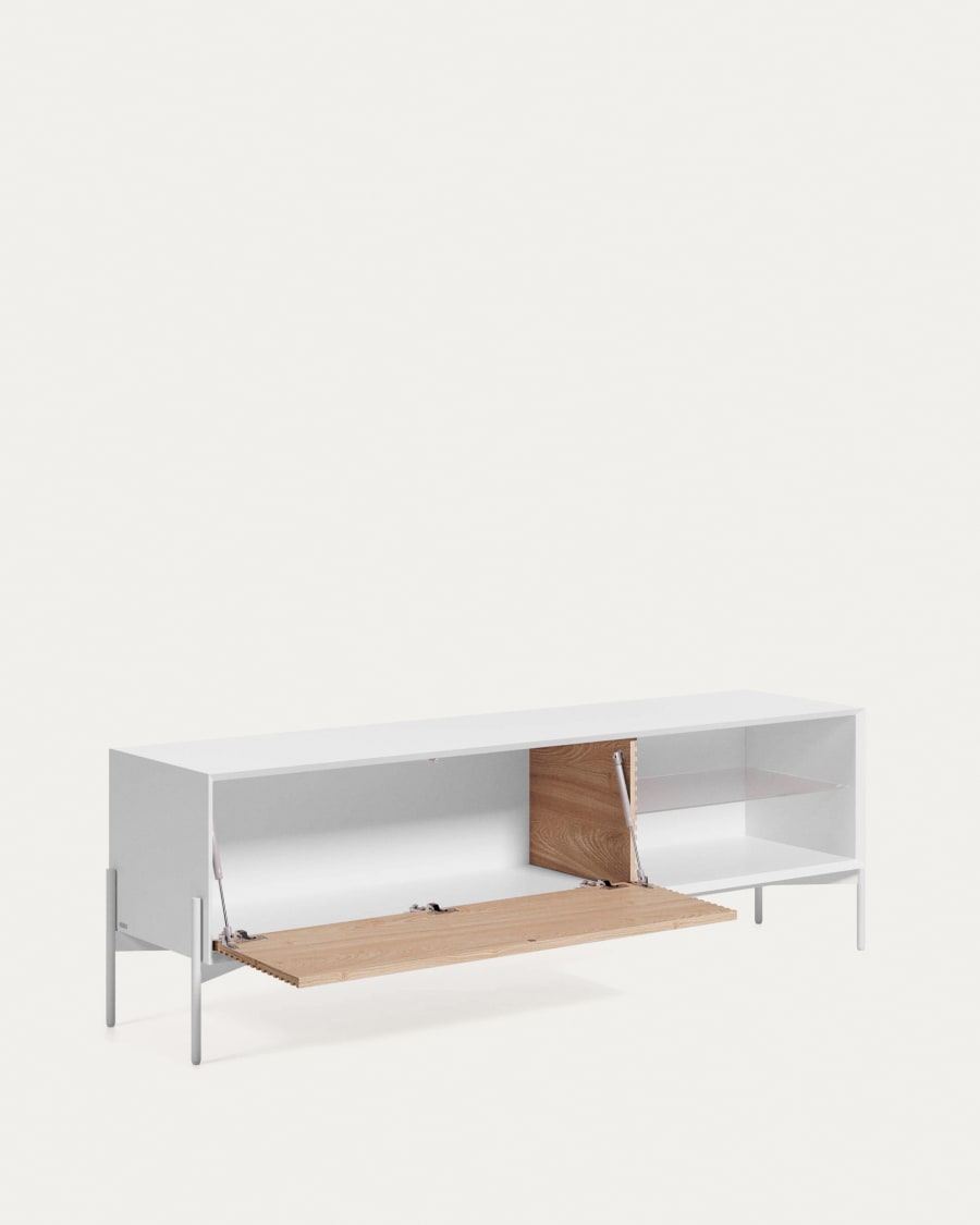 Marielle ash wood veneer TV stand with white lacquer and white finish metal, 167 x 53 cm
