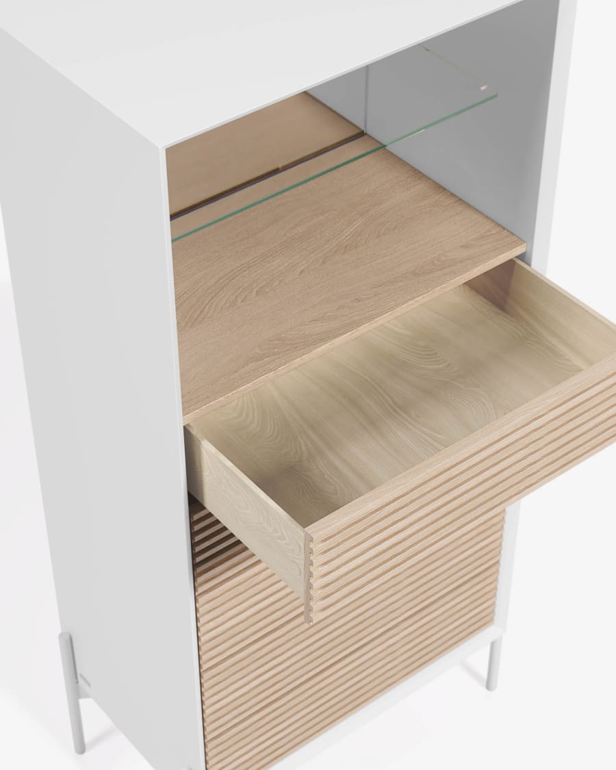 Marielle dresser with five drawers ash wood with white lacquer 64 x 142 cm.