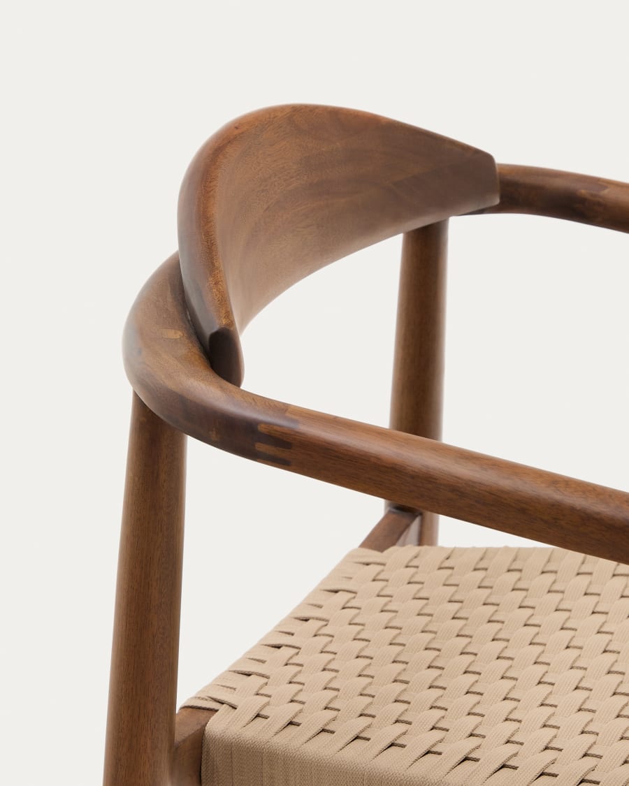 Nina stackable chair in solid acacia wood with walnut finish and beige rope seat FSC 100%