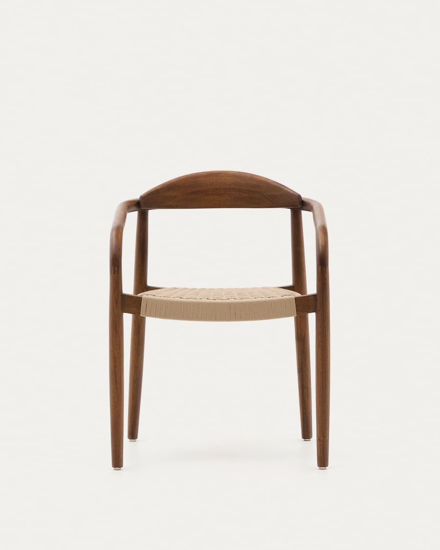 Nina stackable chair in solid acacia wood with walnut finish and beige rope seat FSC 100%