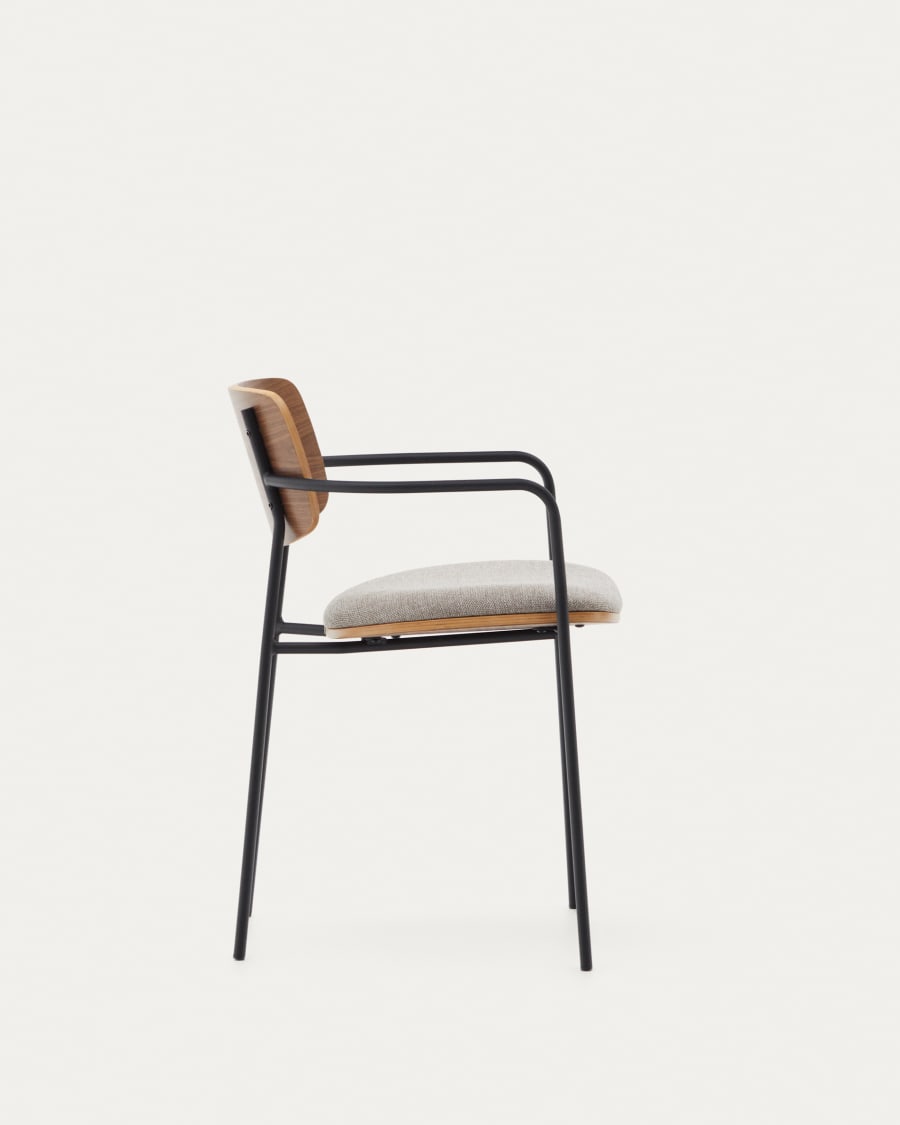 Maureen stacking chair in poplar plywood with warm tone finish and black metal legs, 100% FSC
