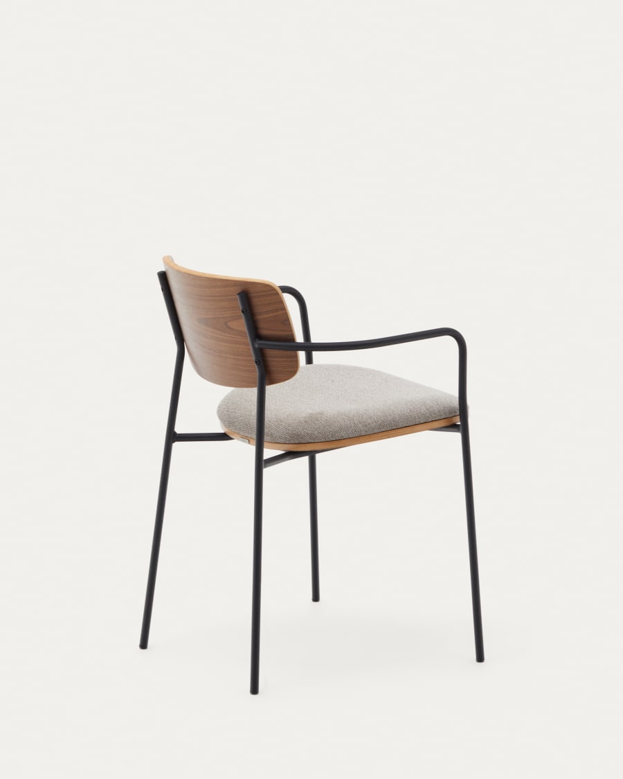 Maureen stacking chair in poplar plywood with warm tone finish and black metal legs, 100% FSC