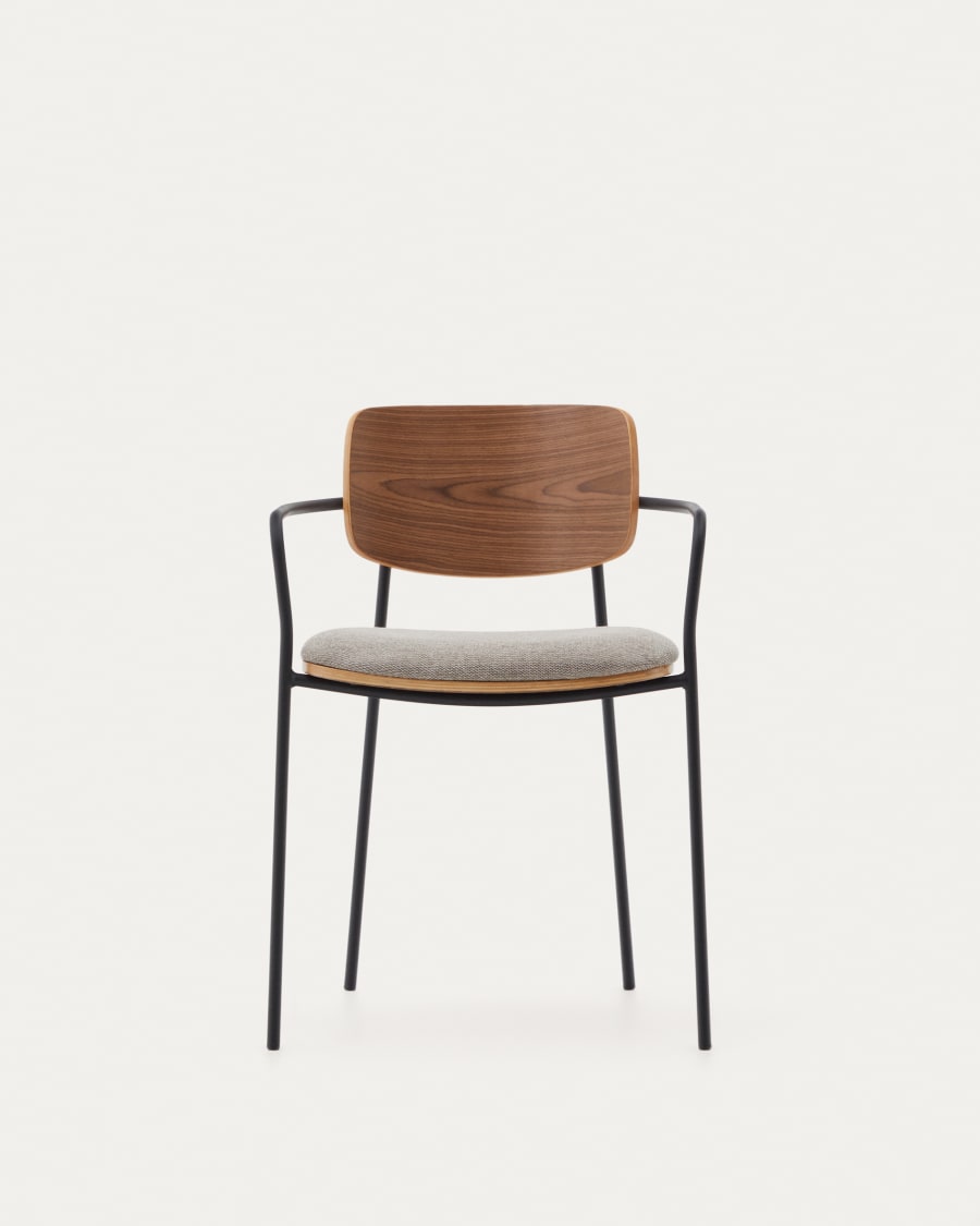 Maureen stacking chair in poplar plywood with warm tone finish and black metal legs, 100% FSC