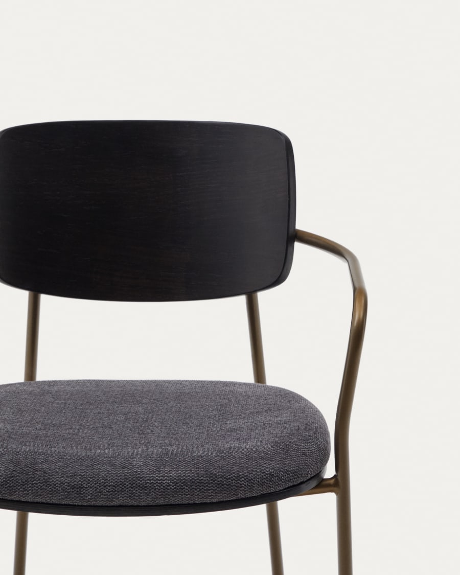 Maureen stackable chair in poplar plywood with dark tone finish and brass-finish metal, 100% FSC