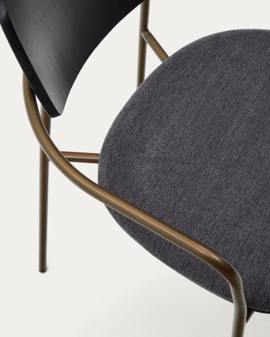 Maureen stackable chair in poplar plywood with dark tone finish and brass-finish metal, 100% FSC