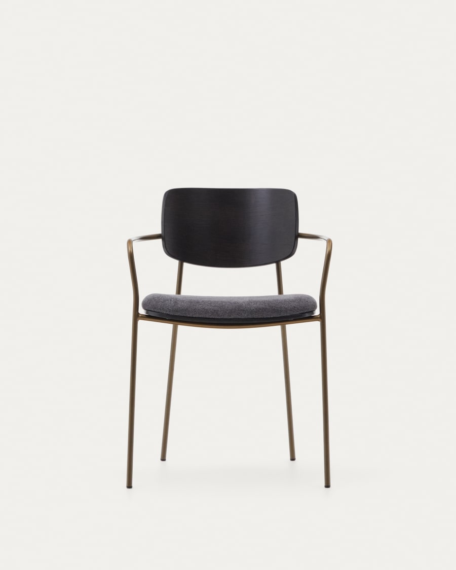 Maureen stackable chair in poplar plywood with dark tone finish and brass-finish metal, 100% FSC