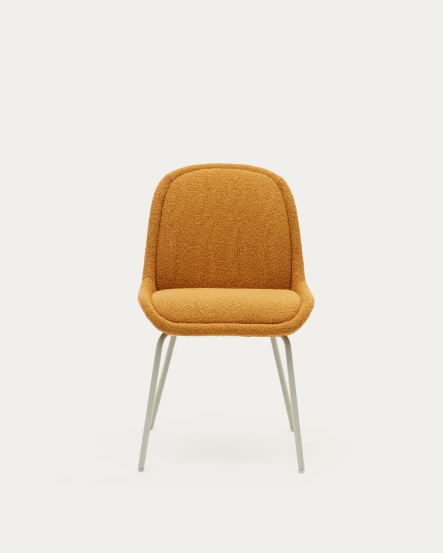 Aimin chair in mustard bouclé and steel legs with a matte beige painted finish FSC Mix Credit