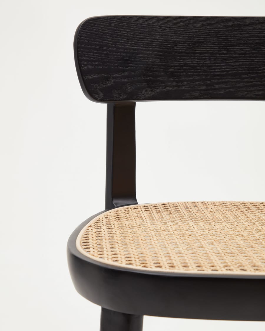 Romane beechwood stool with a black finish, ash wood veneer and ratan seat height 75 cm