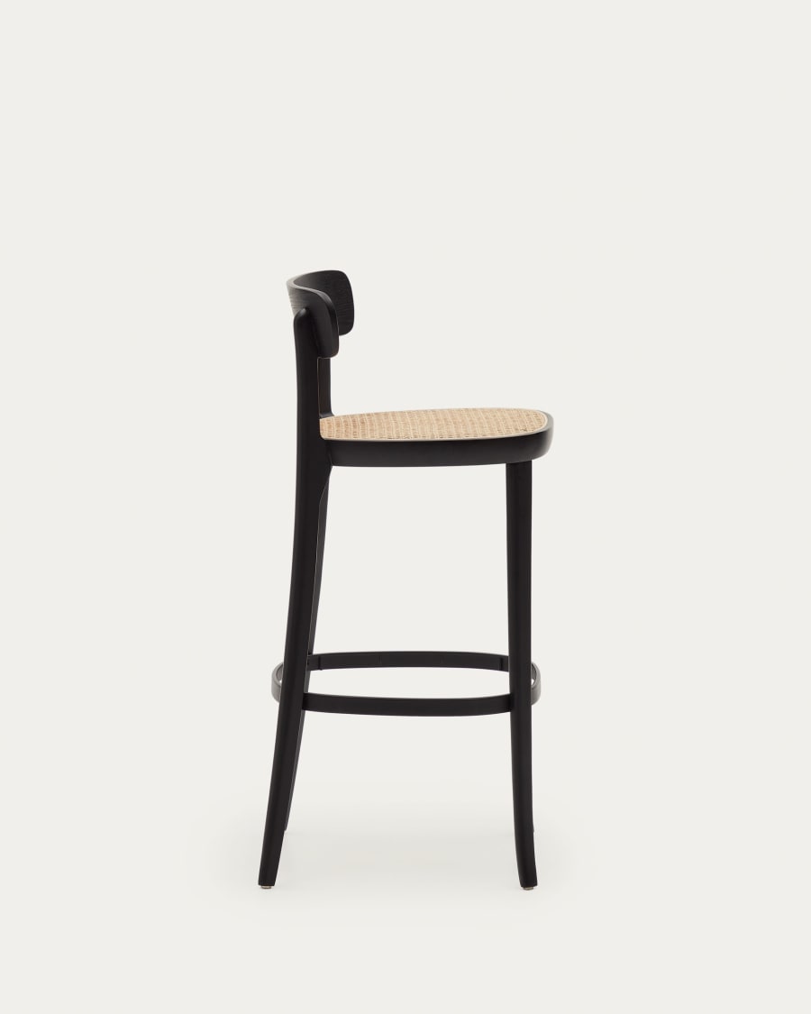 Romane beechwood stool with a black finish, ash wood veneer and ratan seat height 75 cm