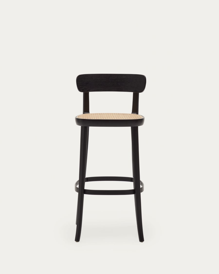 Romane beechwood stool with a black finish, ash wood veneer and ratan seat height 75 cm