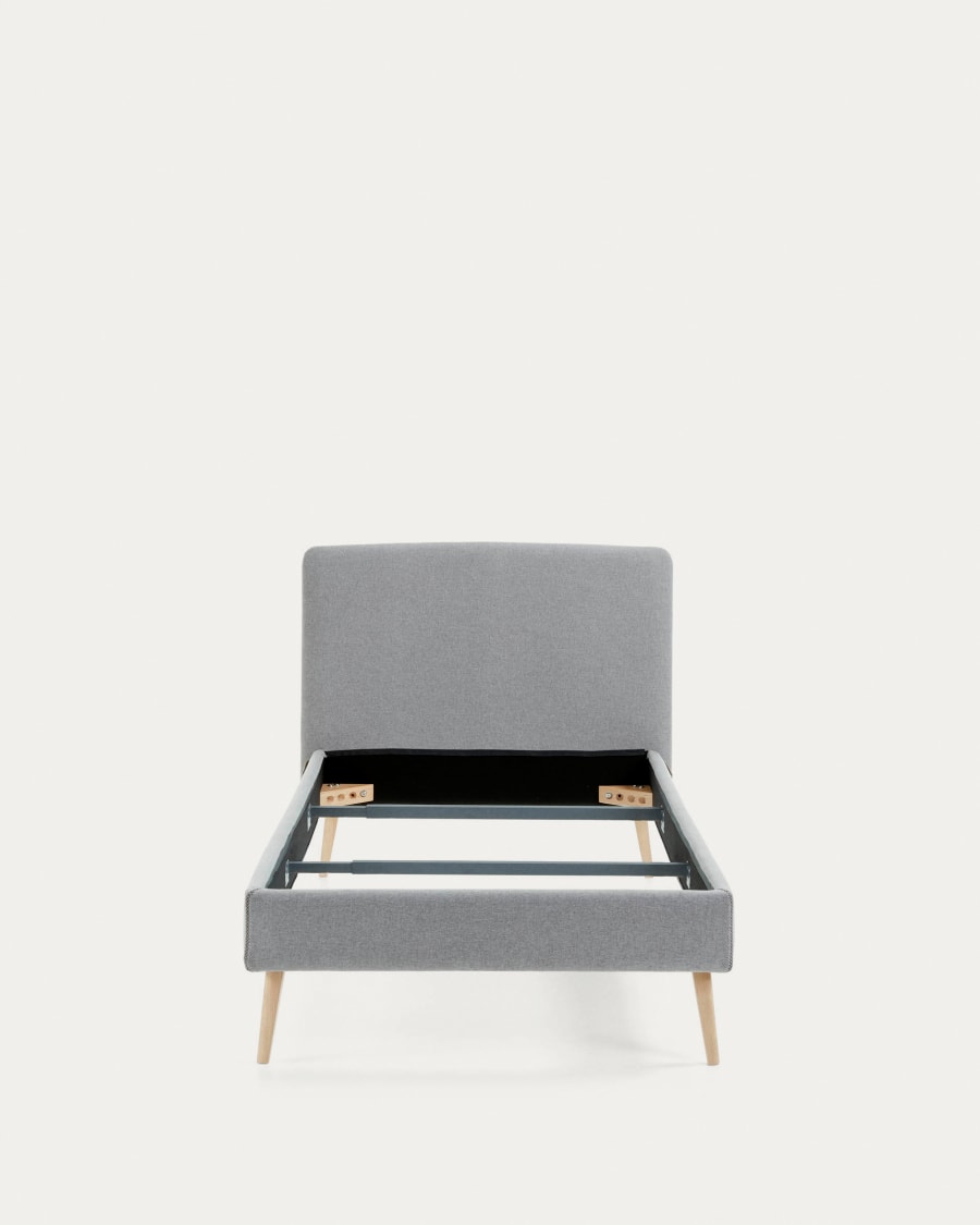 Dyla bed with removable cover in light grey, with solid beech wood legs for a 90 x 190 cm mattress