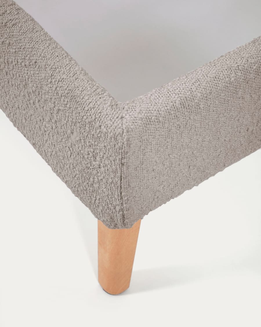 Dyla bed in light grey bouclé, with solid beech wood legs for a 160 x 200 cm mattress