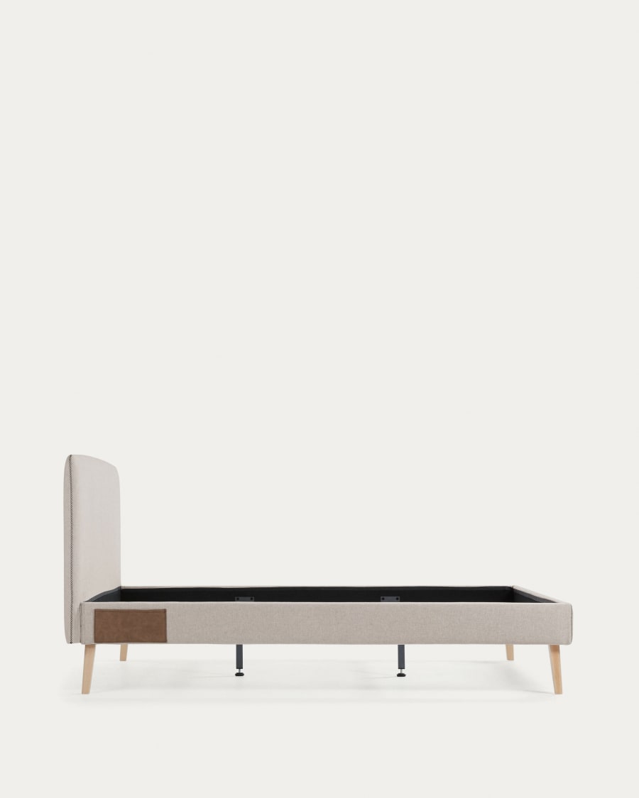 Dyla bed with removable cover in beige, with solid beech wood legs for a 160 x 200 cm mattress