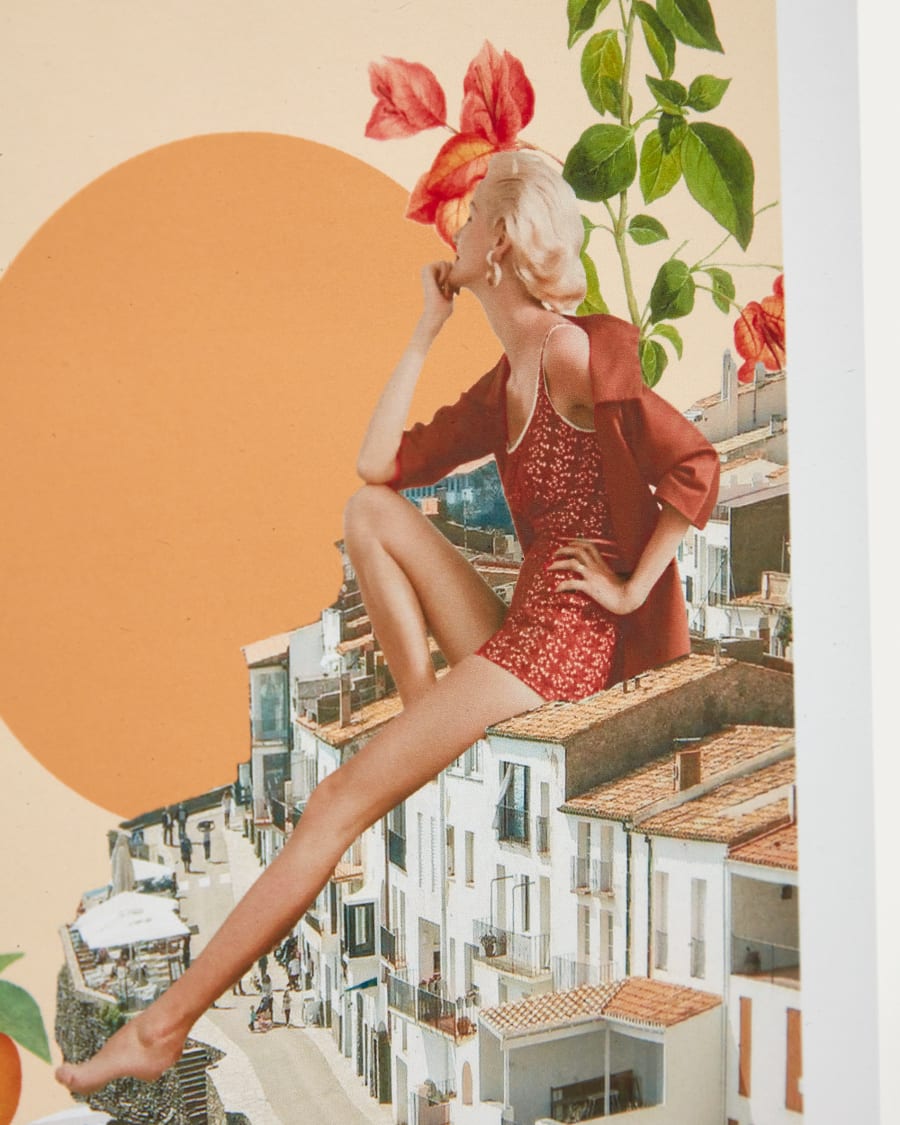 Pielago print of boats with multicoloured houses on paper, 21 x 28 cm