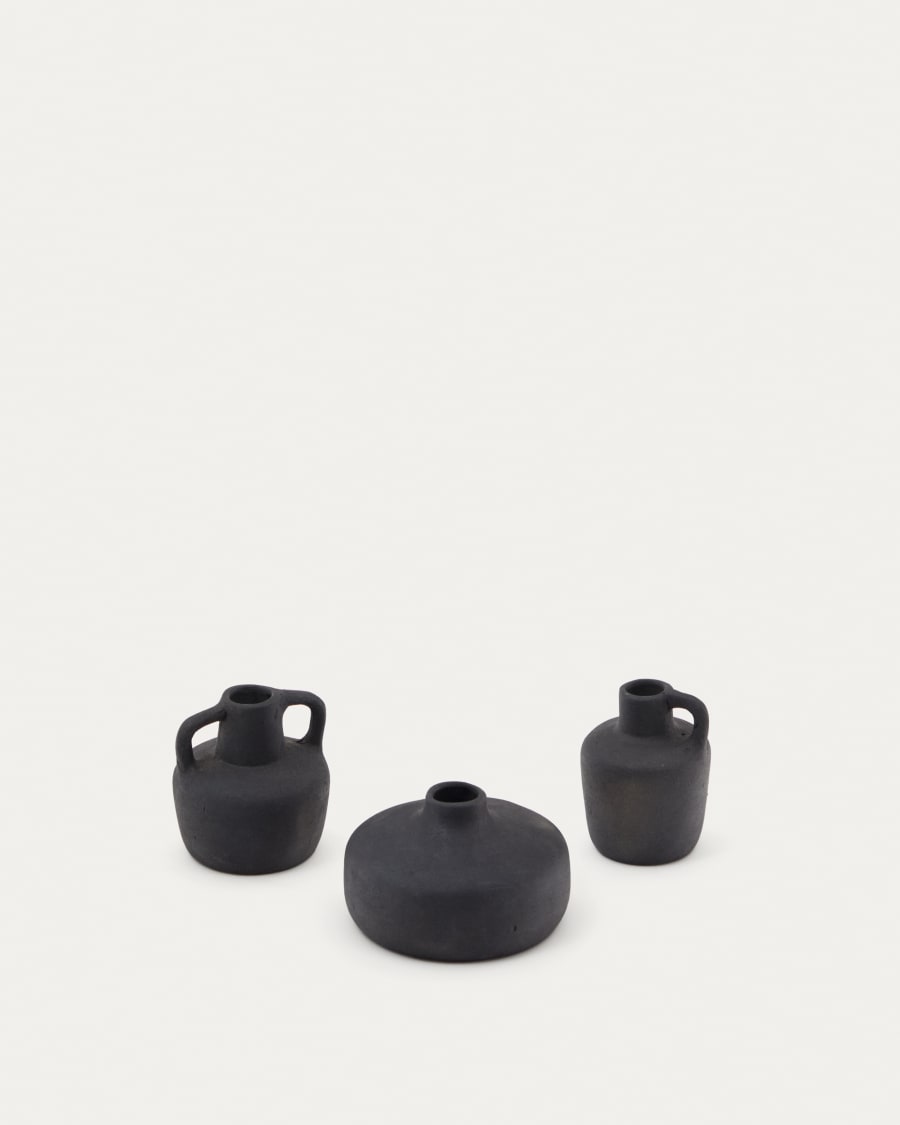 Sofra set of 3 terracotta vases in a black finish, 6 cm / 7 cm / 10 cm