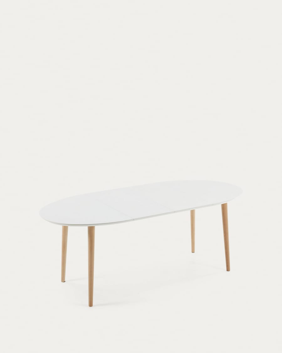 Oqui oval extendable MDF table with white lacquer and solid beech legs 120 (200) x 90 cm